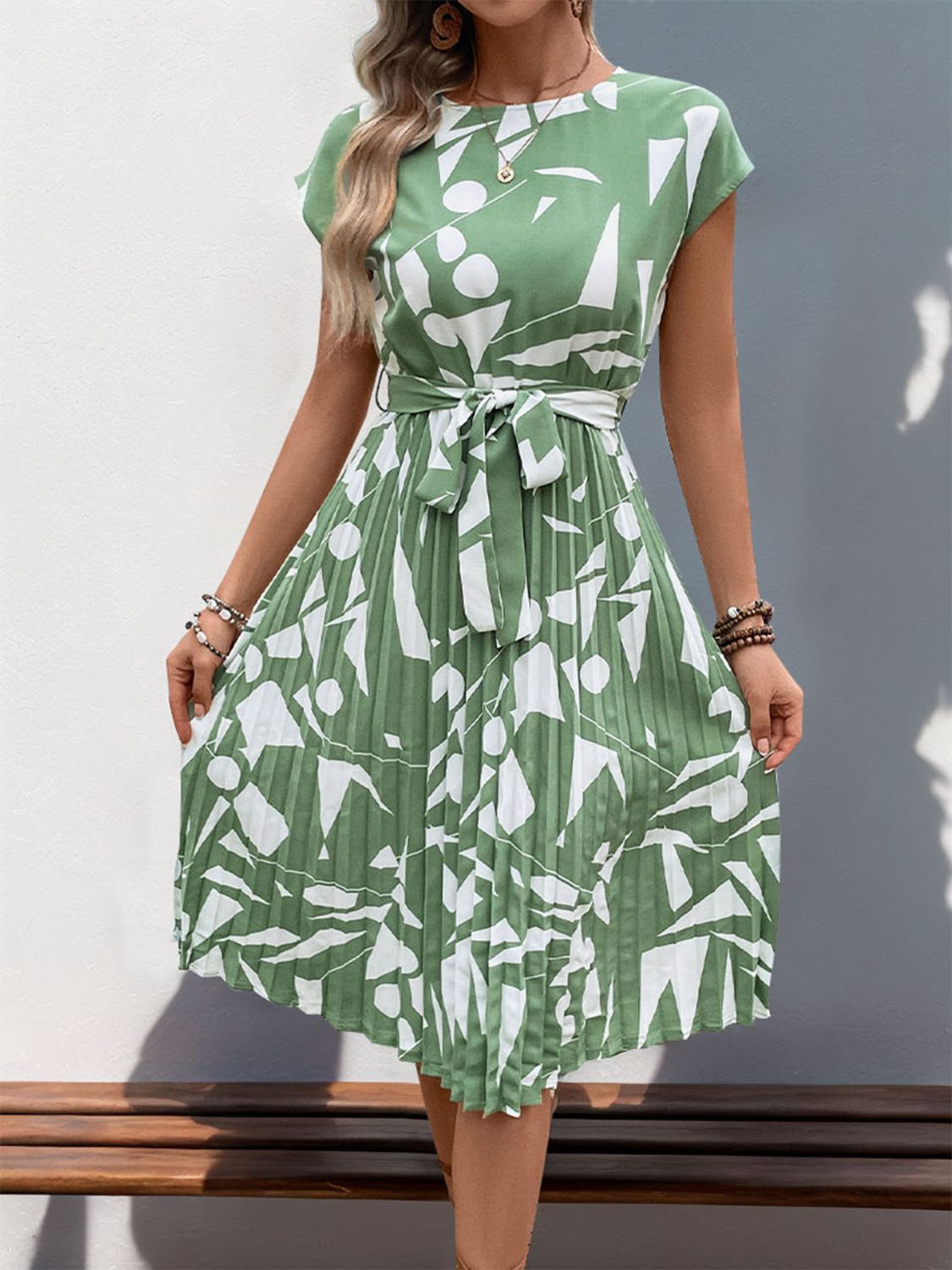 Ivyshape | Tied Pleated Printed Cap Sleeve Dress