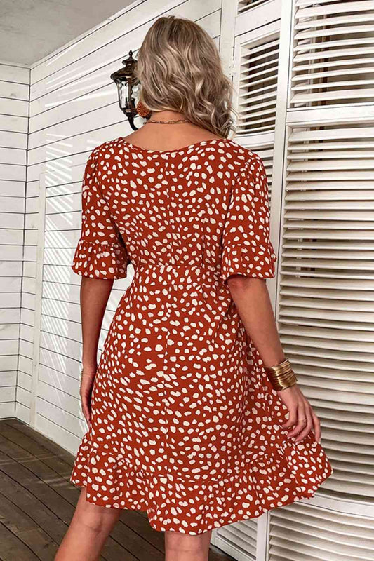 Printed Round Neck Flounce Sleeve Mini Dress