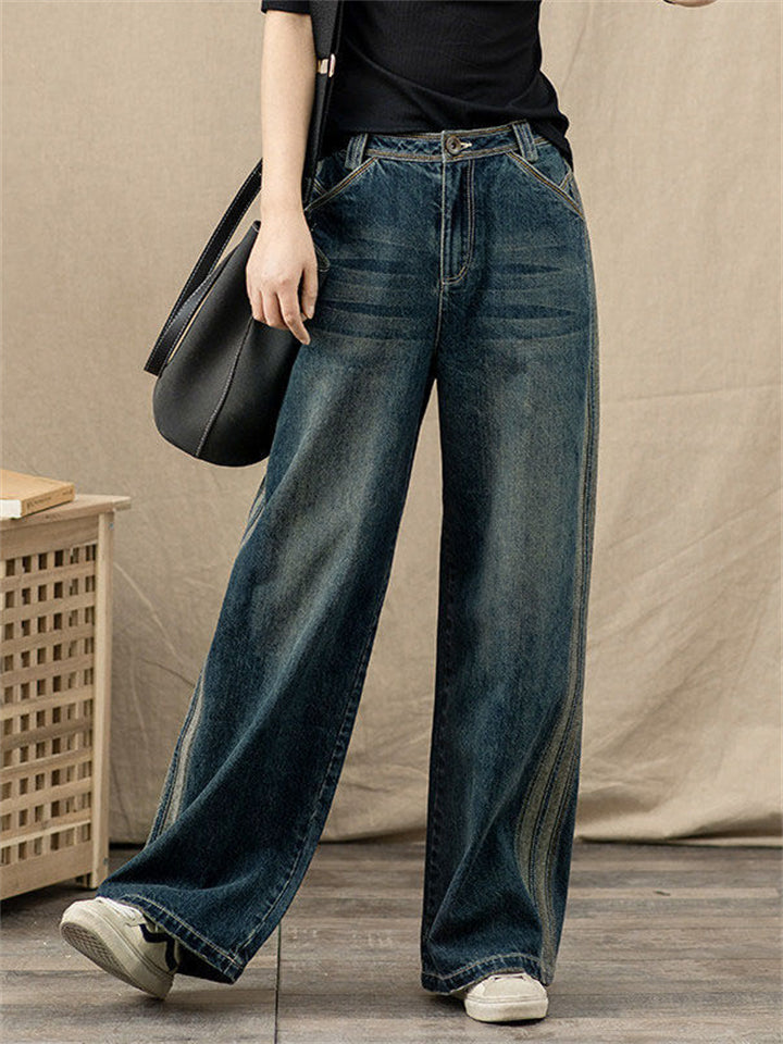 Women's Leisure High Waist Washed Effect Blue Floor Length Jeans