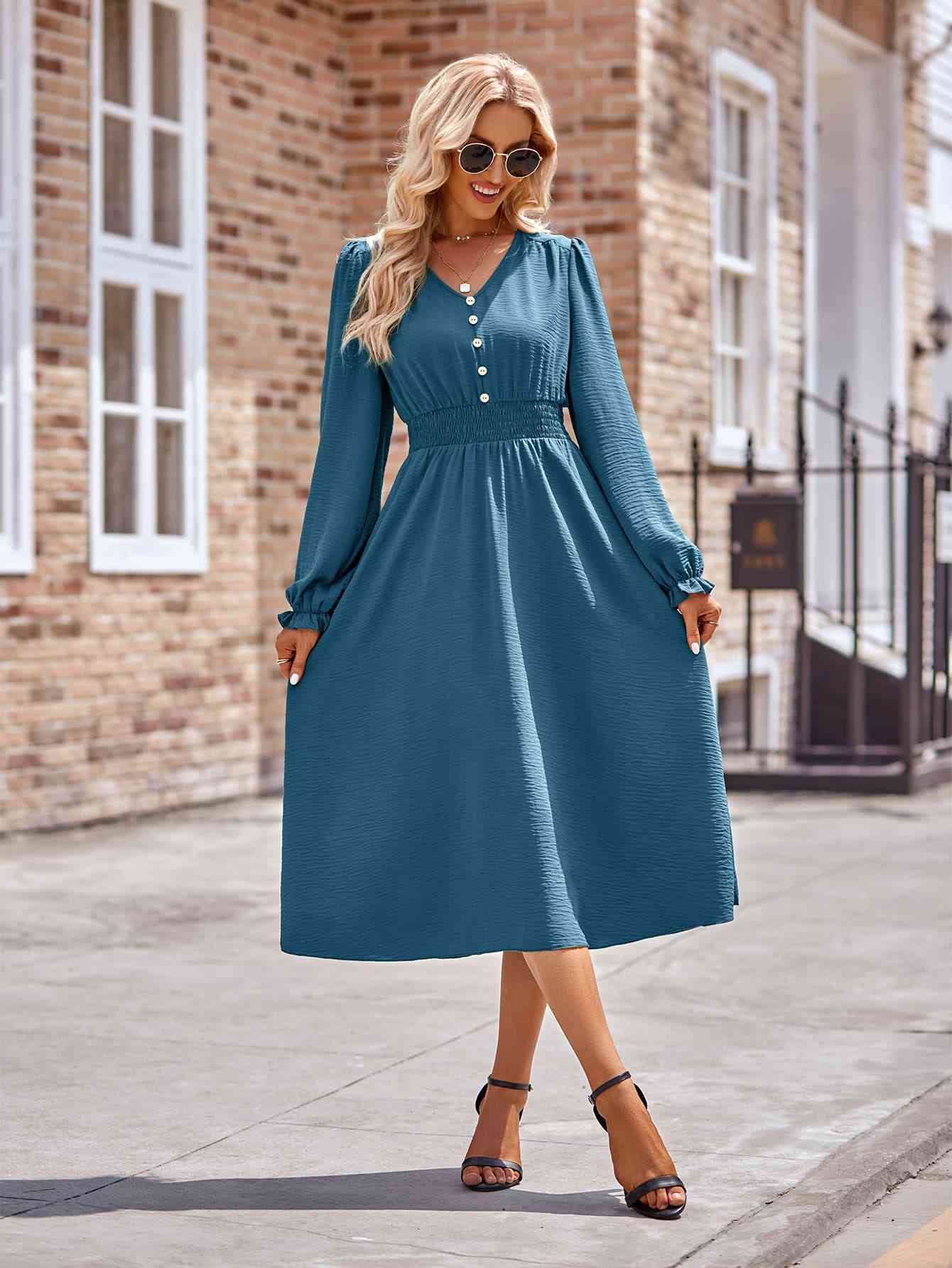 Buttoned V-Neck Flounce Sleeve Midi Dress