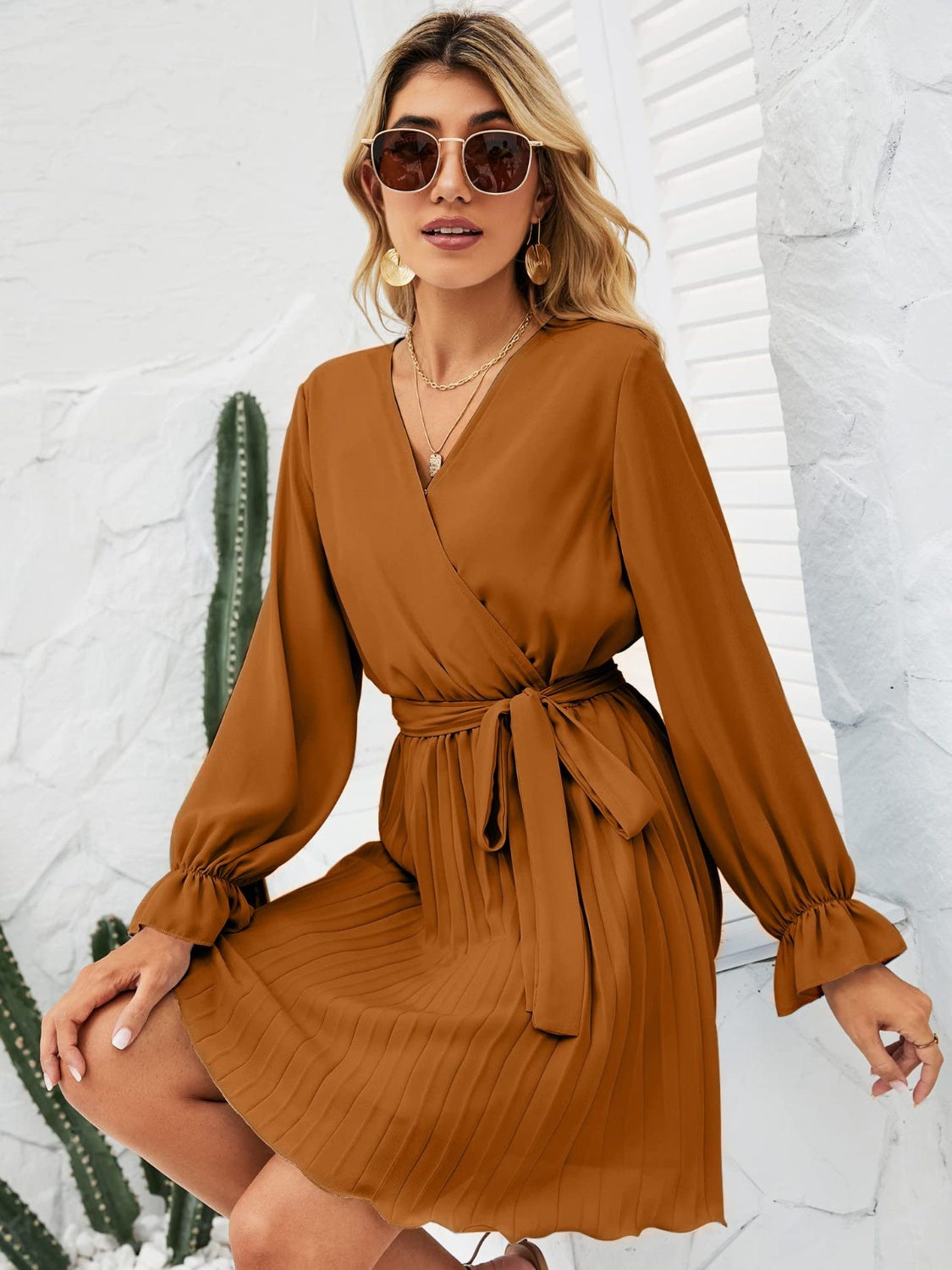 Ivyshape | Surplice Flounce Sleeve Pleated Mini Dress