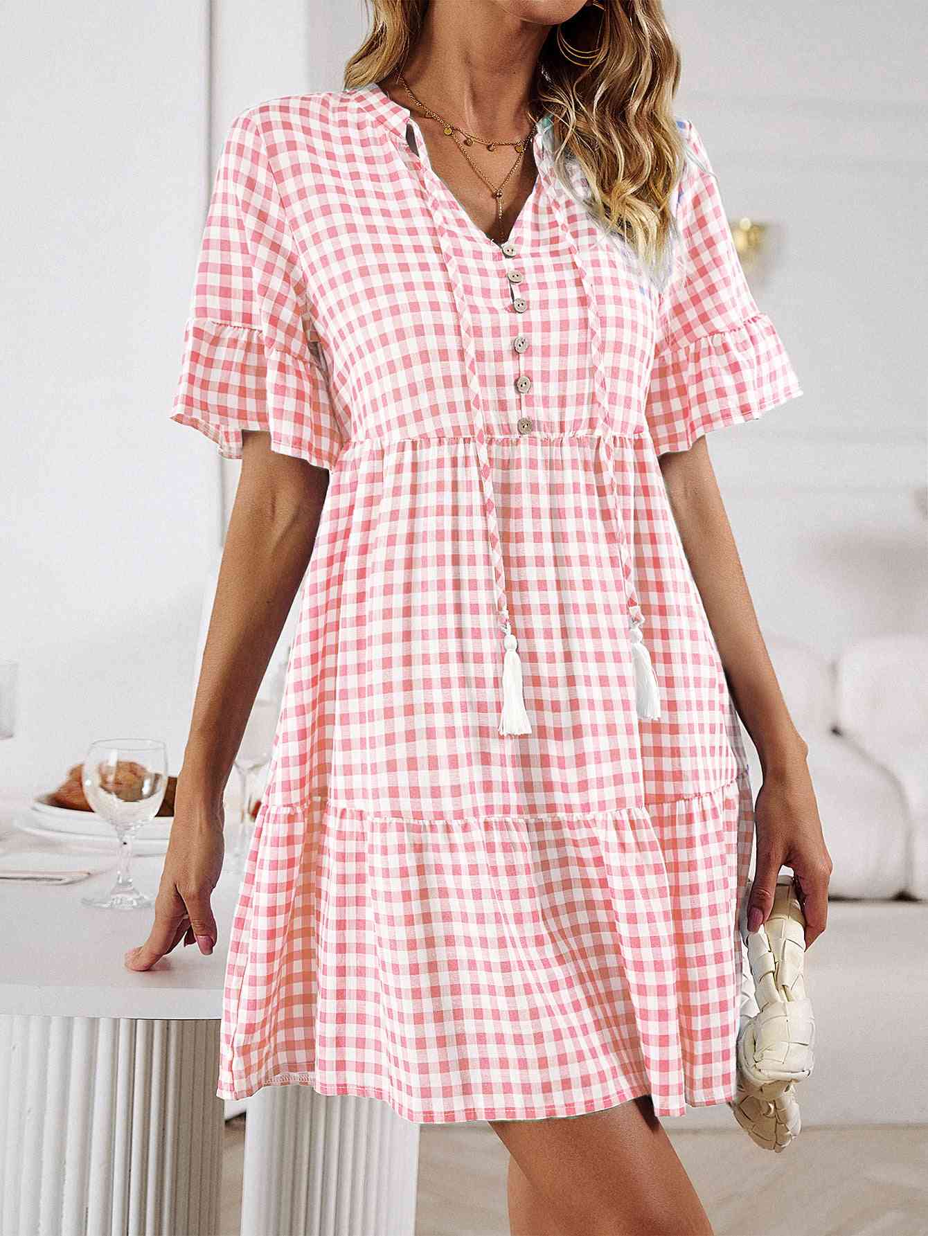 Plaid Flounce Sleeve Buttoned Mini Dress