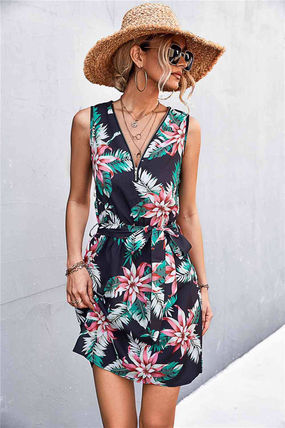 Printed Zip Detail Belted Sleeveless Dress