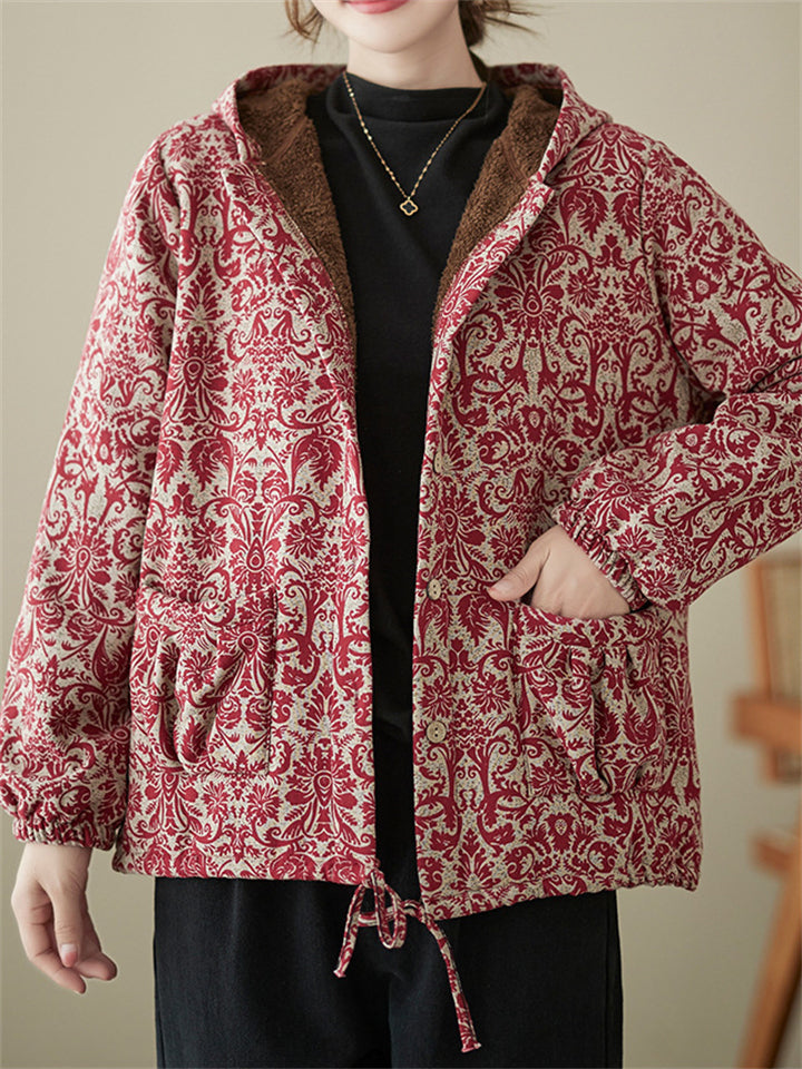 Bohemian Print Button Up Hooded Plush Liner Coat