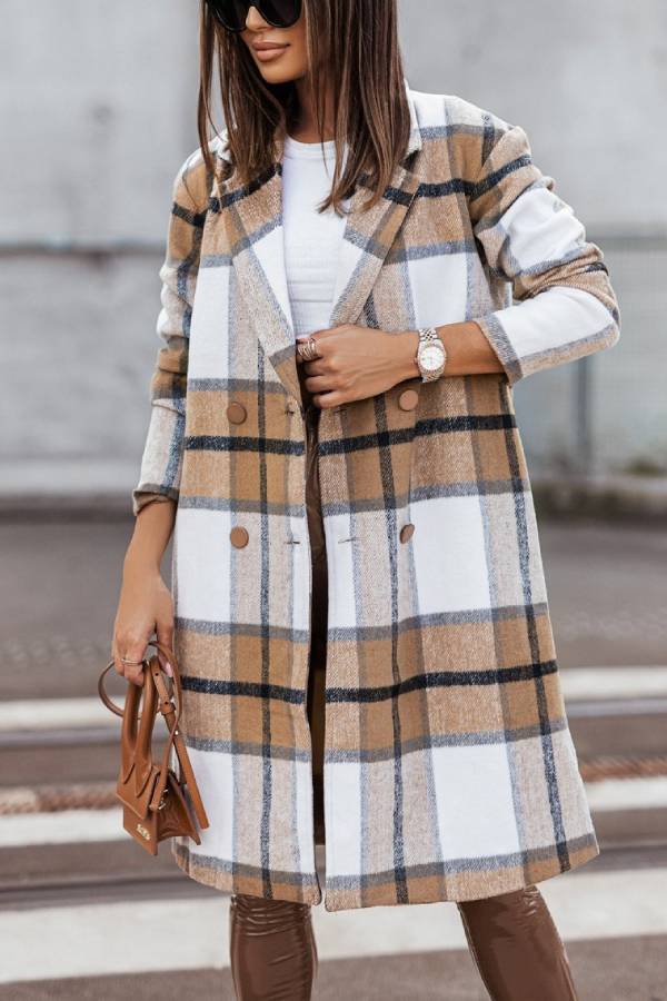 Ivyshape | Mid Length Double Breasted Plaid Print Woolen Coat