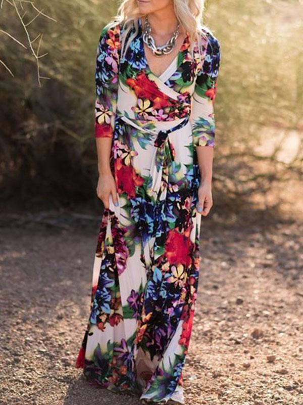 V-neck Long Sleeves Maxi Dress