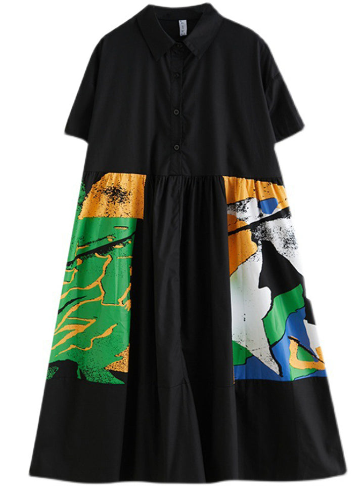 Chic Contrast Color Abstract Print Lapel Dress for Lady