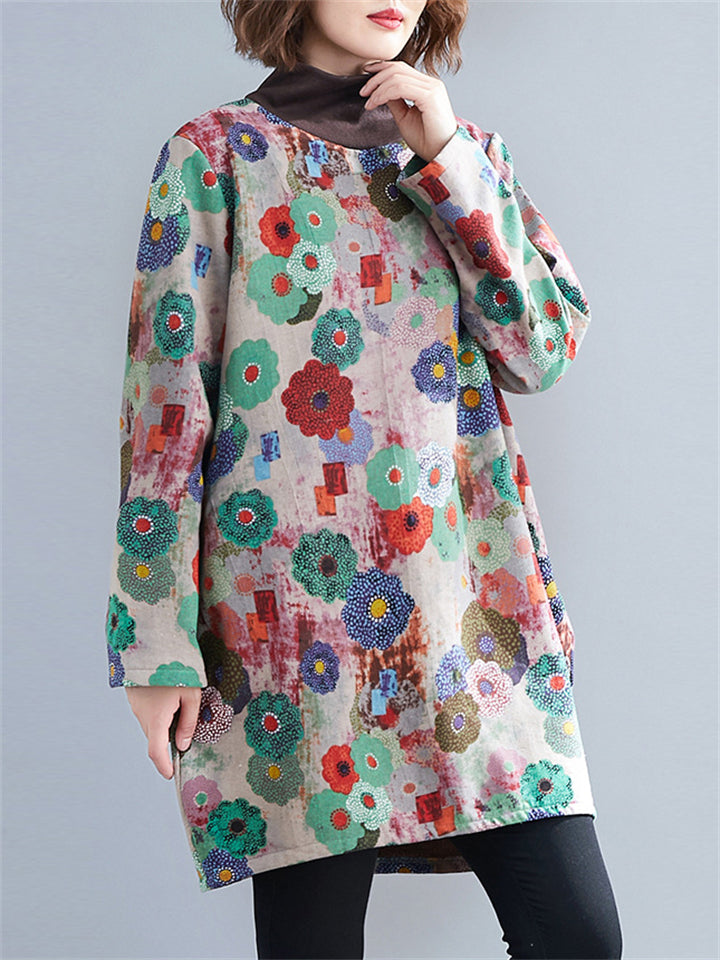 Colorful Flower High Neck Plush Liner Winter Dress