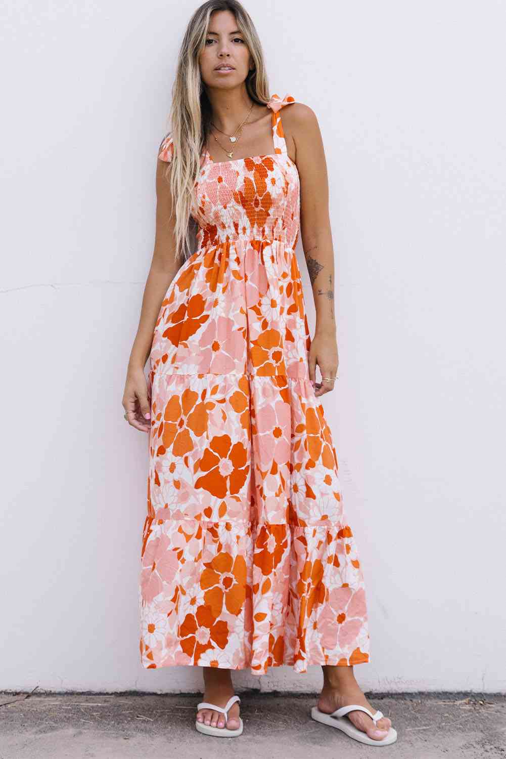 Floral Tie-Shoulder Smocked Maxi Dress