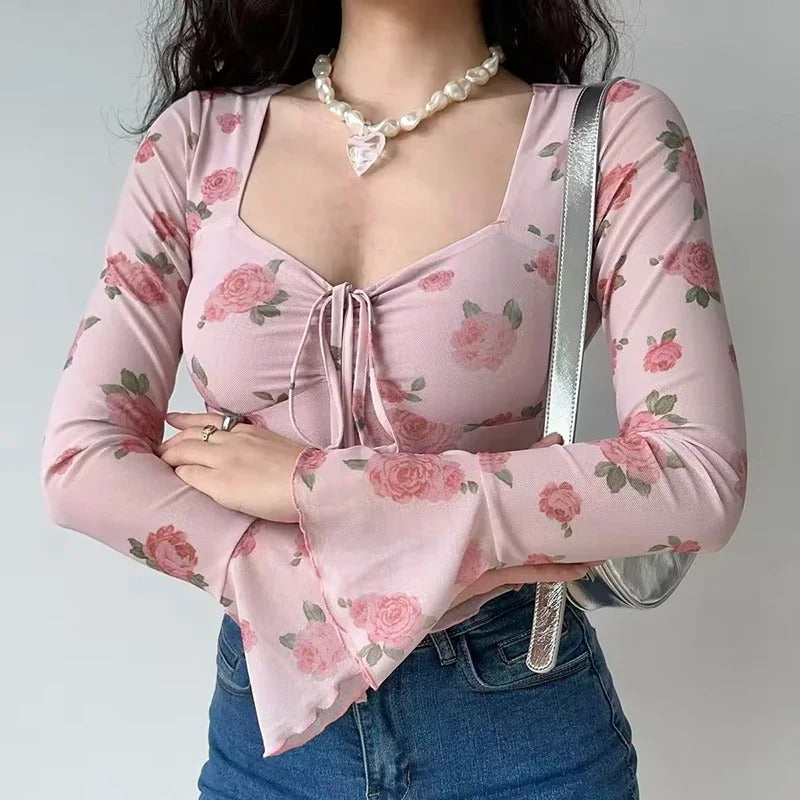 Sweet Floral Print Flare Sleeve Top for Women