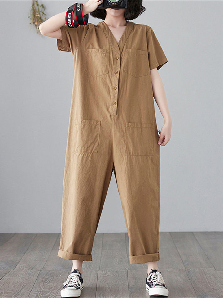 Female Leisure V Neck Multi-Pocket Hard-Wearing Overalls