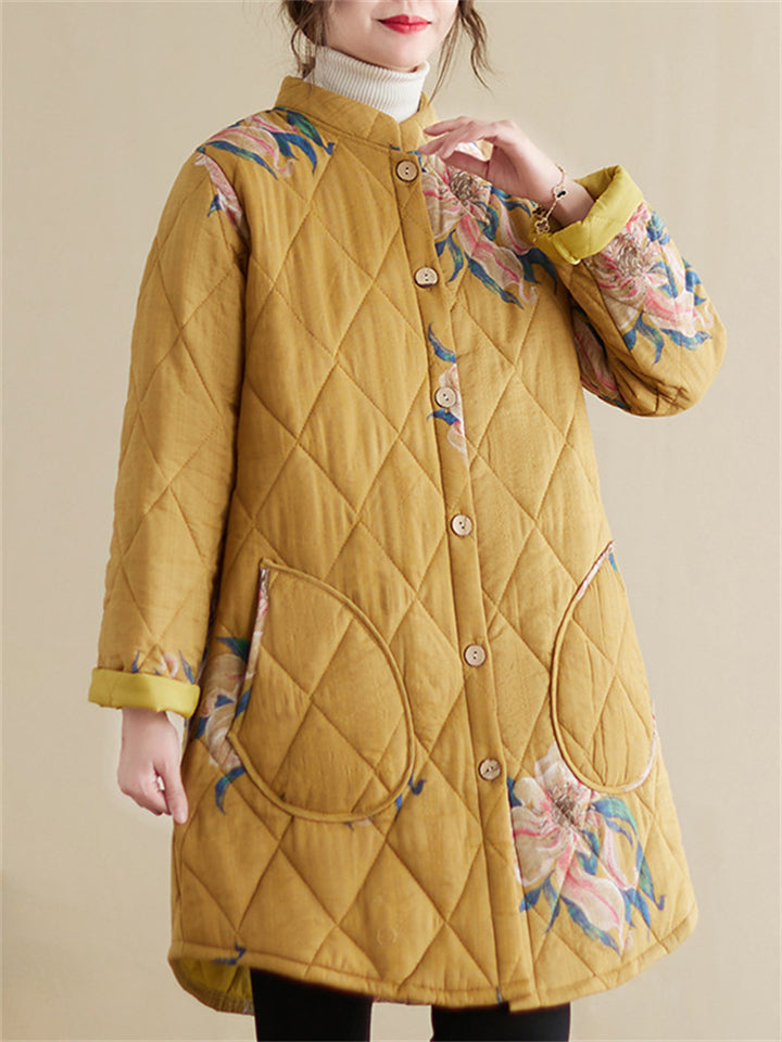 Country Style Stand Collar Button Mid-Length Warm Cotton Coat