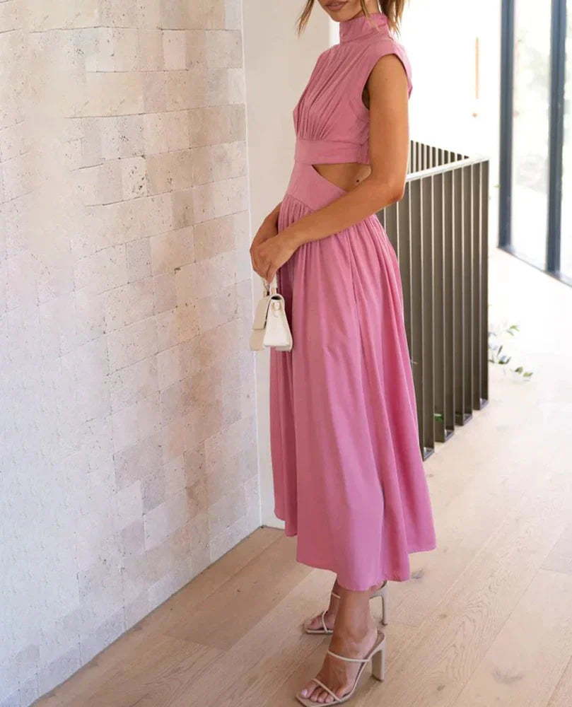 Stand Collar Solid Color Sexy Waist Midi Dress