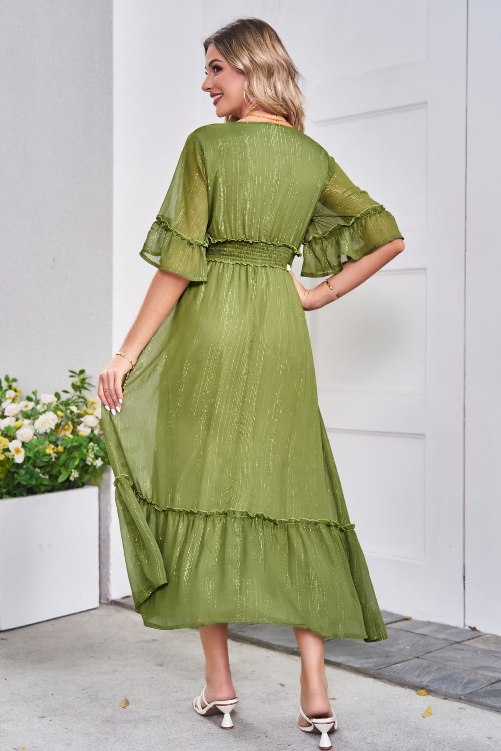 Ivyshape | V-Neck Flounce Sleeve Smocked Waist High Slit Dress