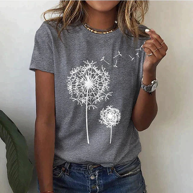 Ivyshape | Women's Dandelion Print T-Shirt Round Neck