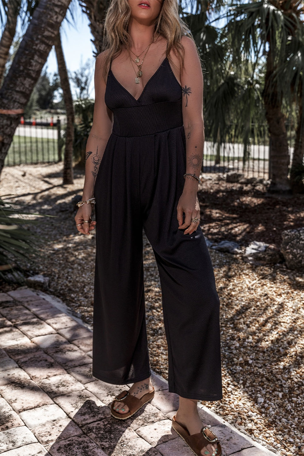 Ivyshape | Surplice Spaghetti Strap Wide Leg Jumpsuit