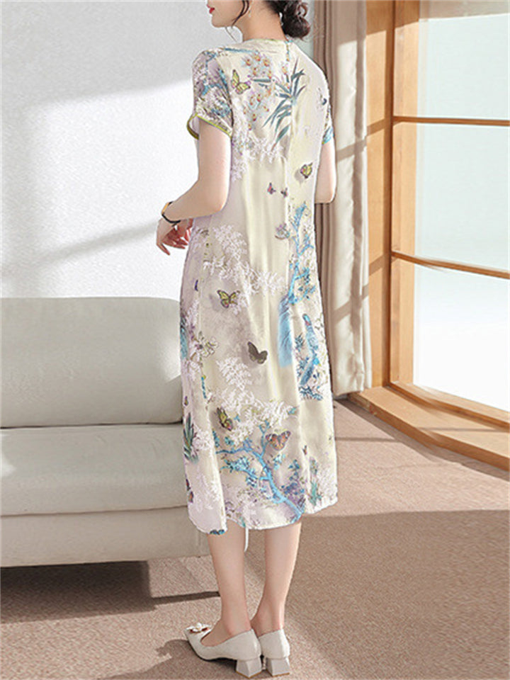 Orchid Butterfly Mountain Scenery Pattern Female Qipao Dress