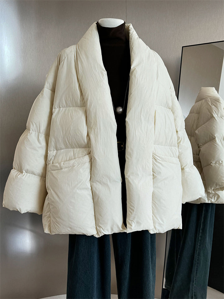 Women's Chic V Neck Tie-Waist Wrap White Duck Down Coat