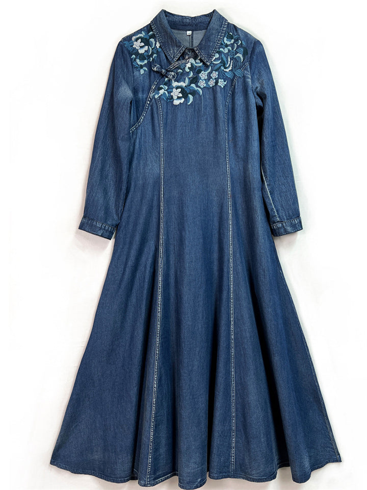 Elegant Blue Denim Flower Embroidery Women Pleated Dress