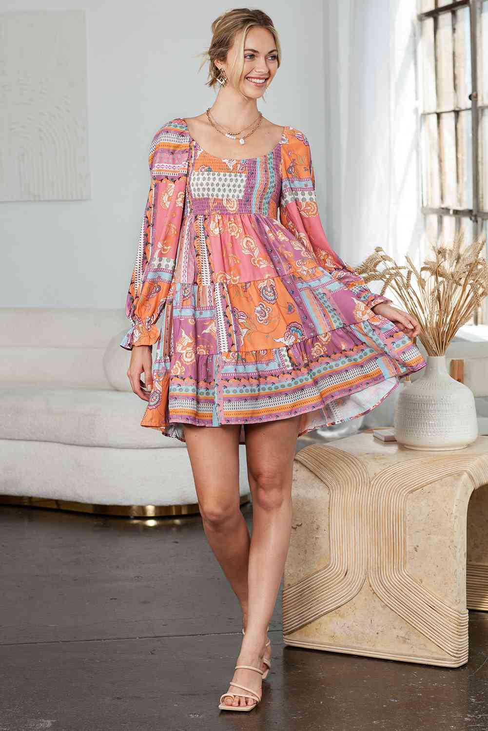 Printed Scoop Neck Flounce Sleeve Dress