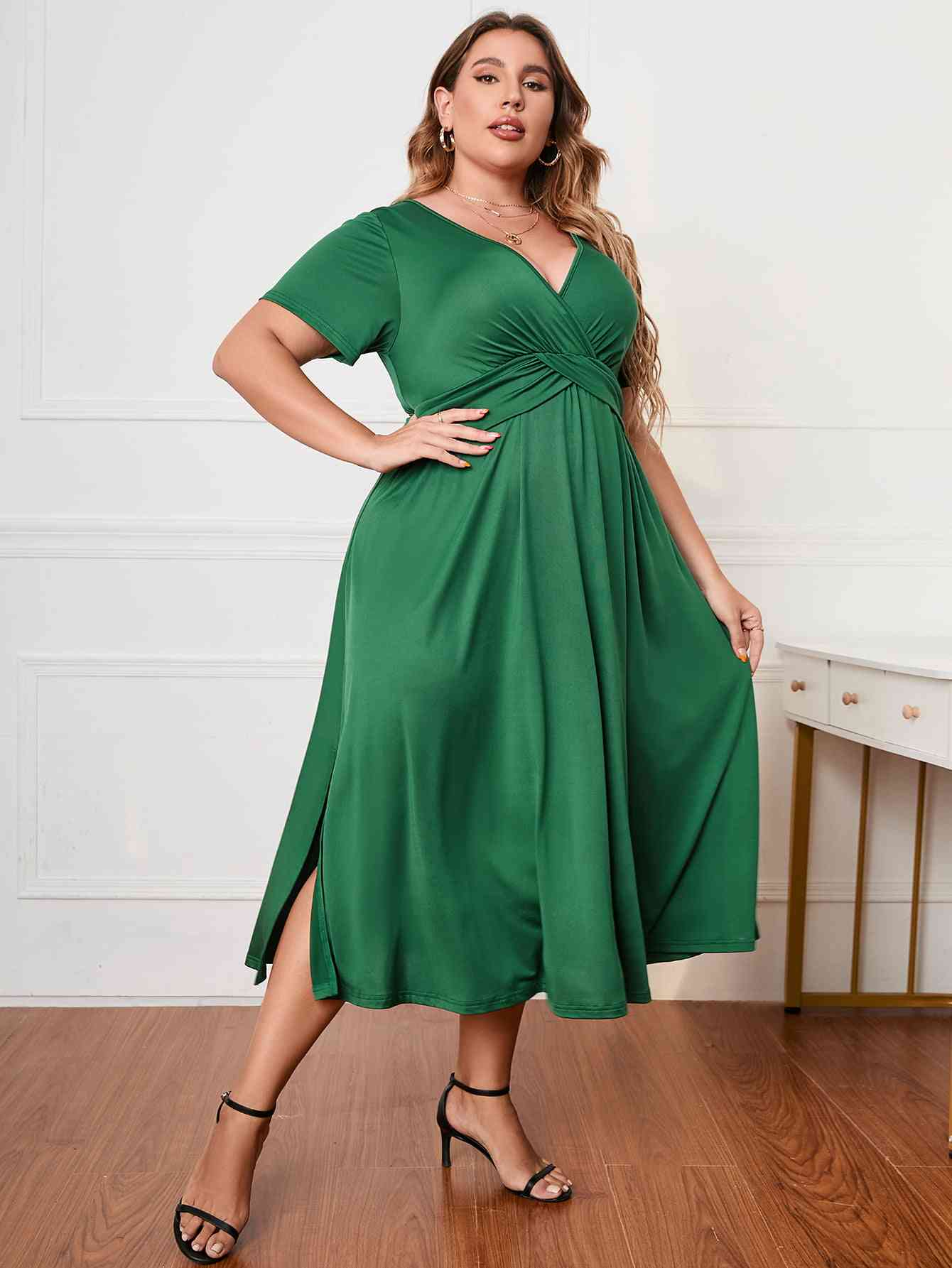 Plus Size Short Sleeve Surplice Neck Midi Dress