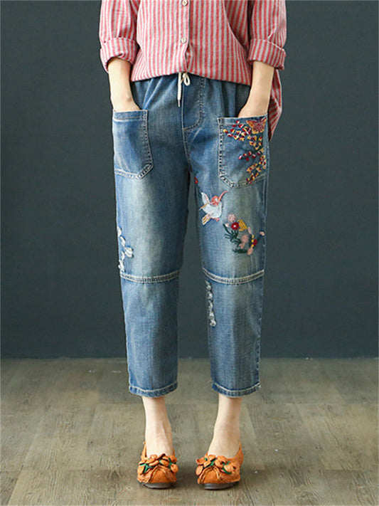 Vintage Splicing Bird Floral Embroidery Women's Ripped Jeans