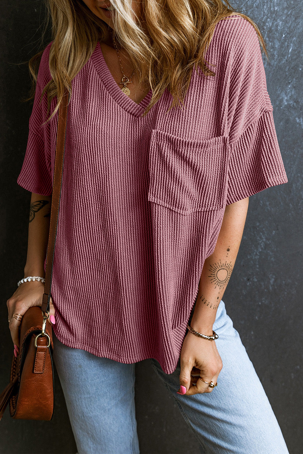 Ivyshape | Textured V-Neck Dropped Shoulder T-Shirt