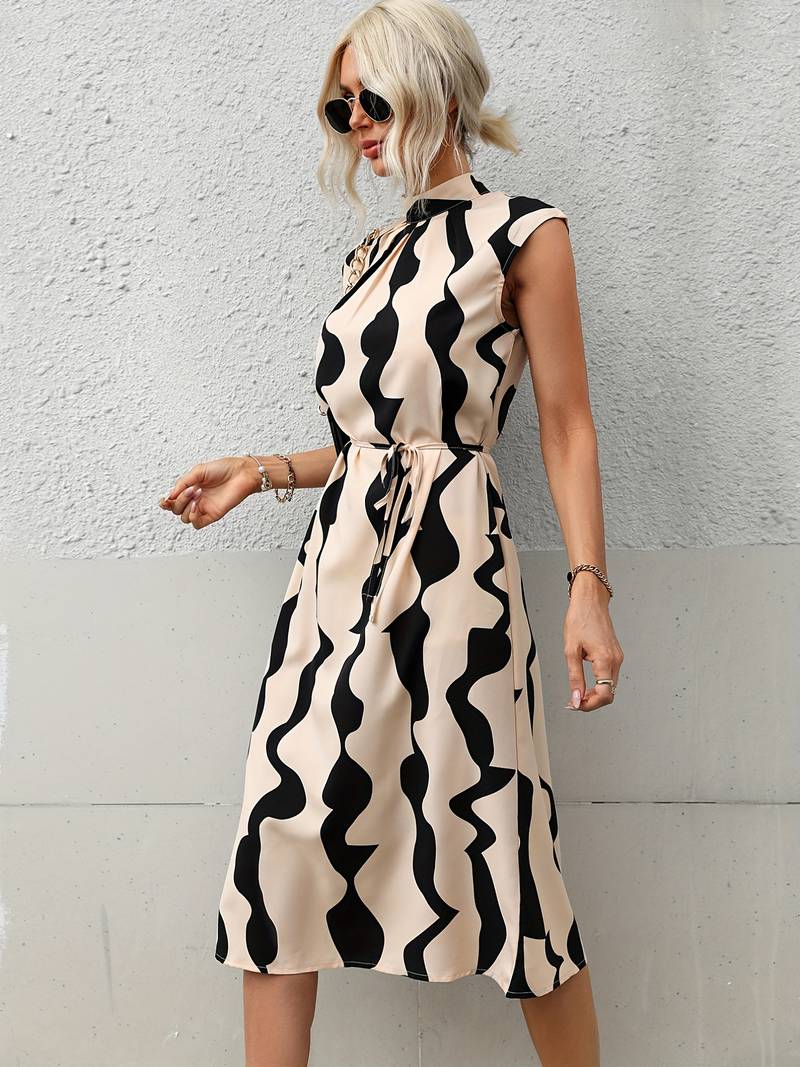 Ivyshape | Women's Stylish Wavy Print Dress Cream