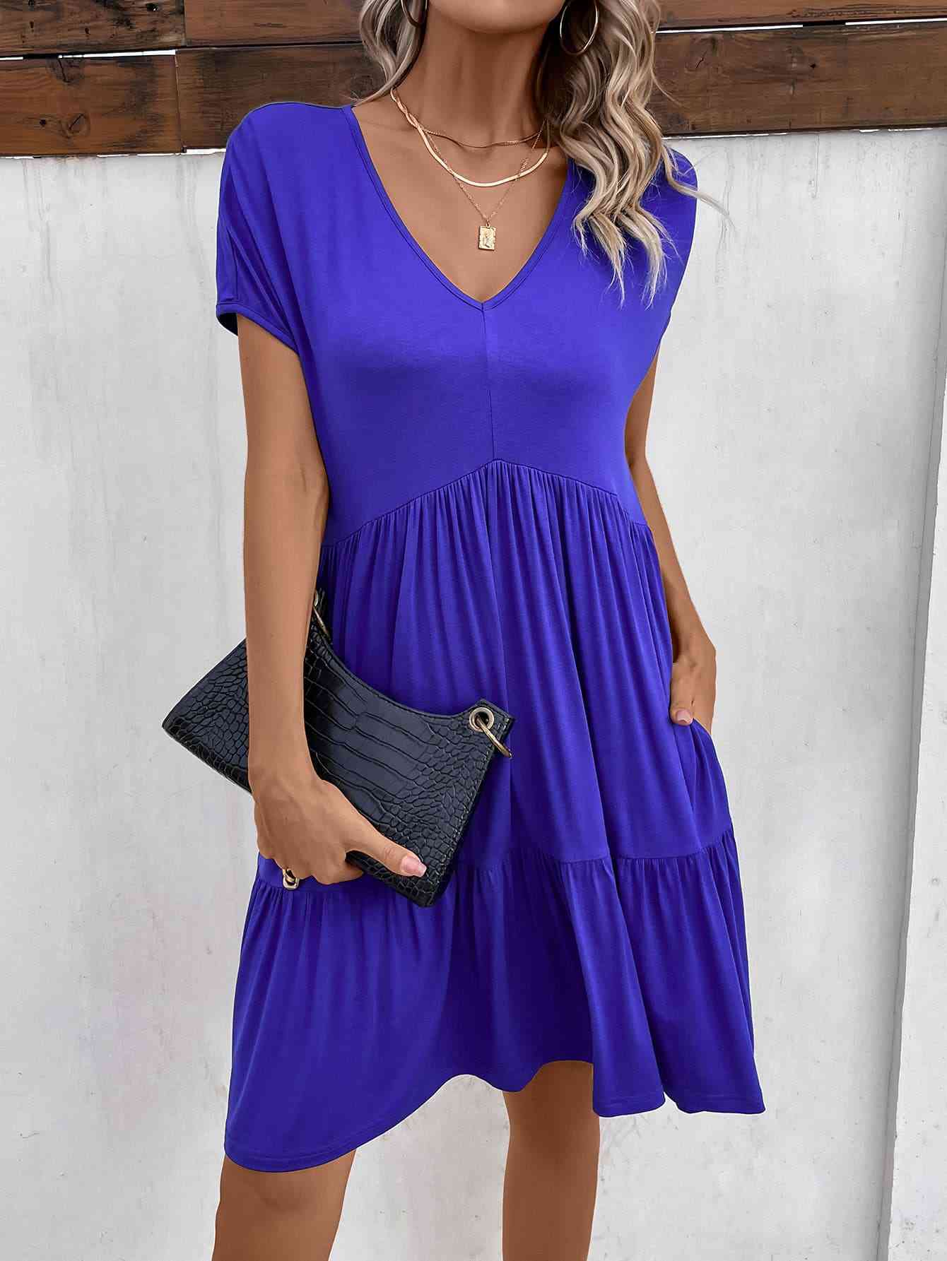 V-Neck Short Sleeve Dress with Pockets