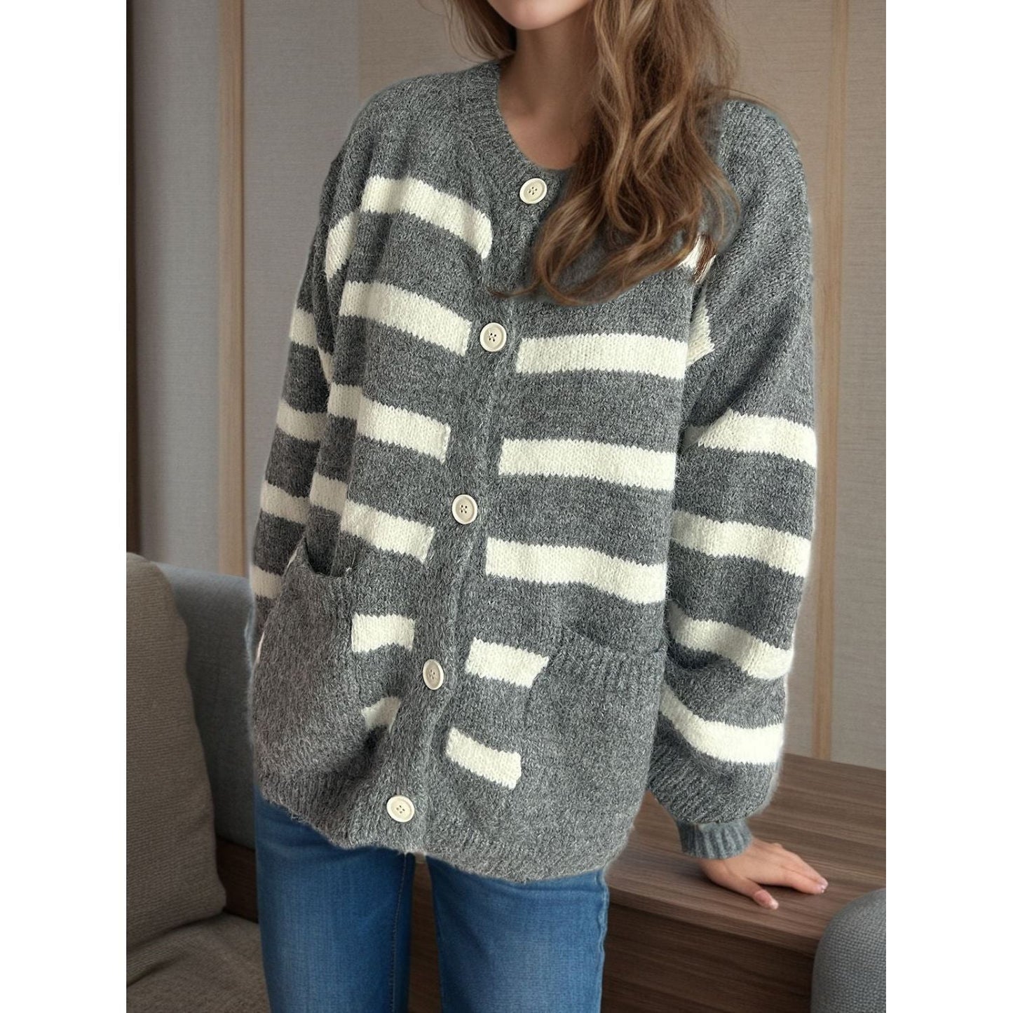 Ivyshape | Sleek Striped Button-Down Cardigan for Women