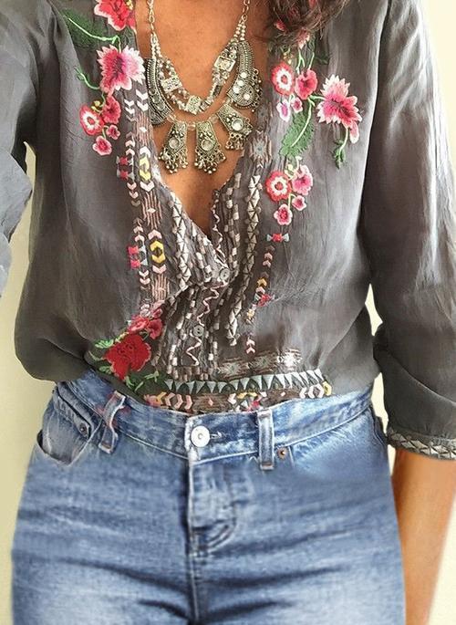 Bohemian Floral Casual V-Neckline Sleeves Peasant Blouses Tops