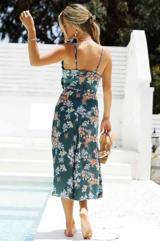 Floral Tied Cutout Split Spaghetti Strap Dress