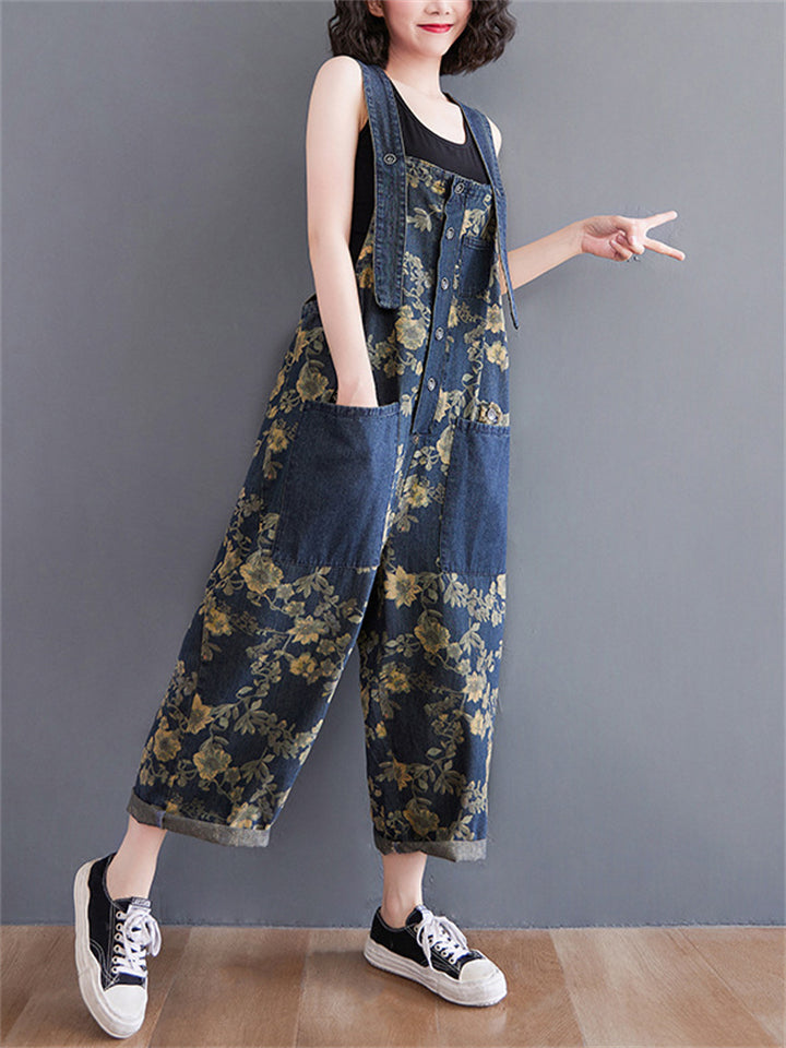 Yellow Flower Print Adjustable Strap Denim Overalls