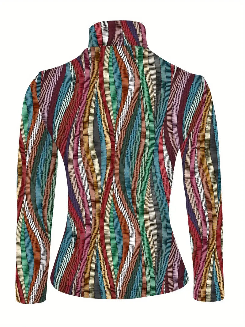 Ivyshape | Multicolored High Neck Long Sleeve Top