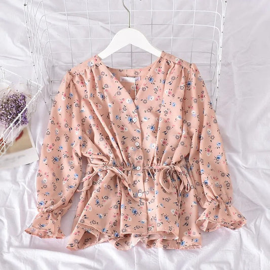 Sweet Floral V-Neck Chiffon Blouse for Women