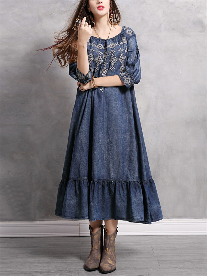 Diamond Embroidery Half Sleeve Ruffle Blue Denim Dress