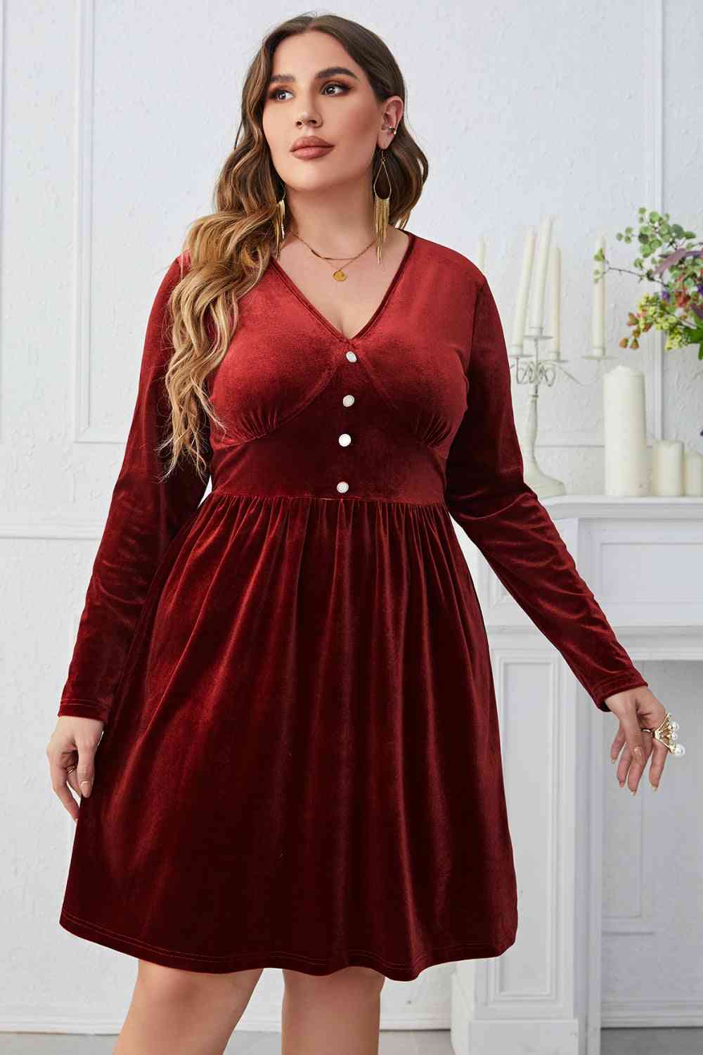 Melo Apparel Plus Size V-Neck Decorative Button Knee Length Dress