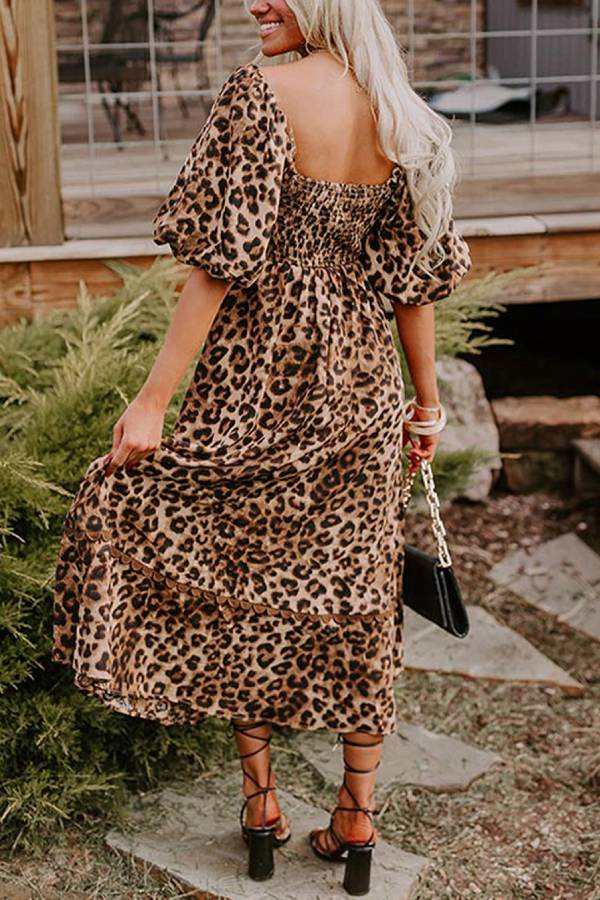 Ivyshape | Leopard Print Puff Sleeve Ricrac Maxi Dress