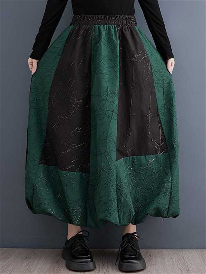 Casual Black Green Contrast Color Lace Up Vest + Lantern Skirt