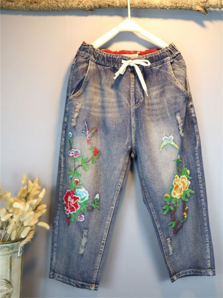 Vintage Floral Ripped Elastic Waist Blue Jeans for Lady