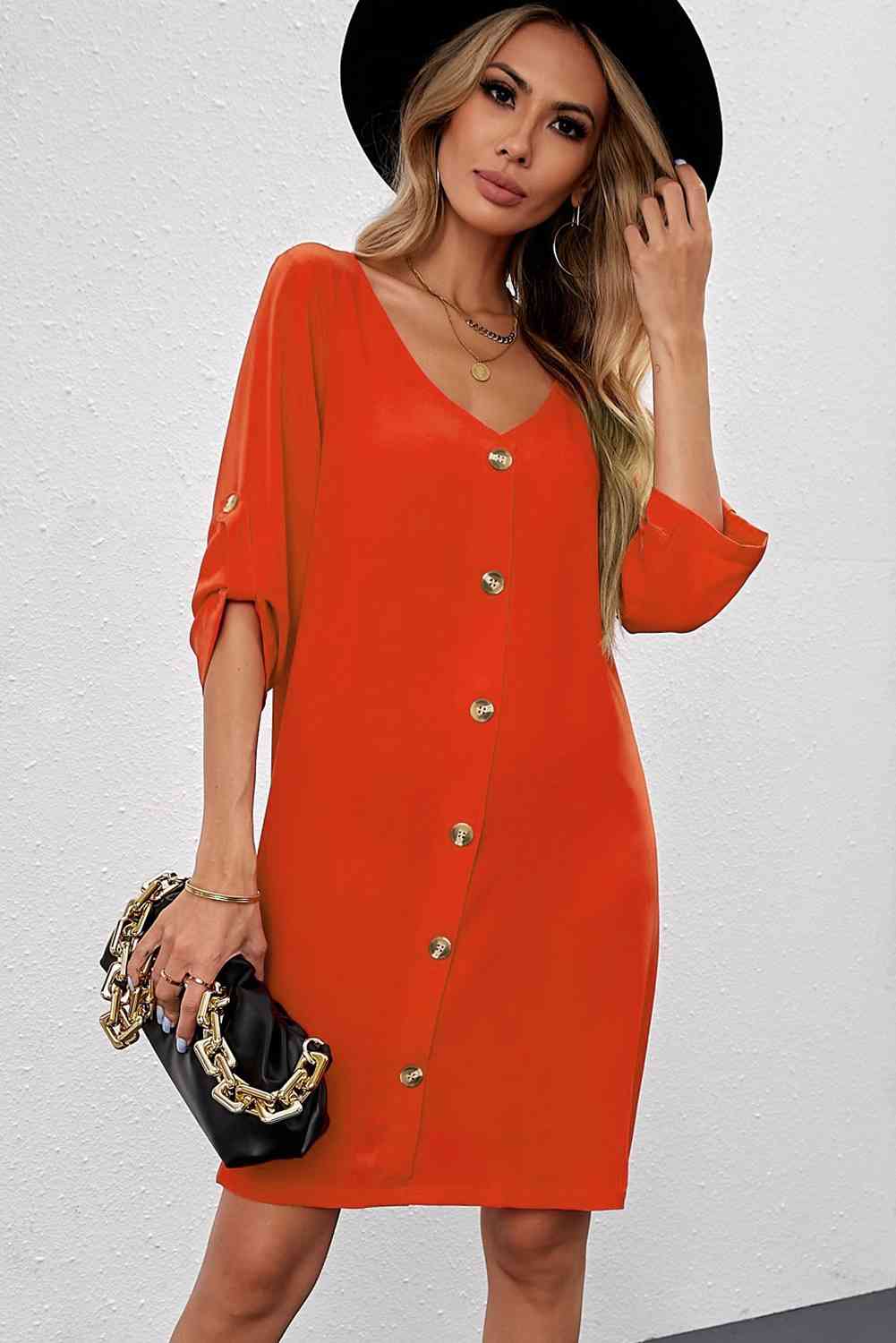 Buttoned V-Neck Dress