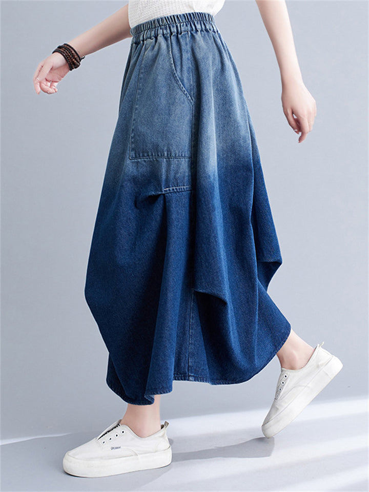 Women's Gradient Color Elastic Waist A-line Denim Skirts