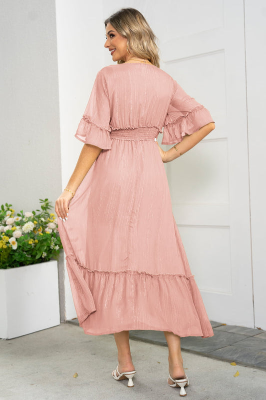 Ivyshape | V-Neck Flounce Sleeve Smocked Waist High Slit Dress