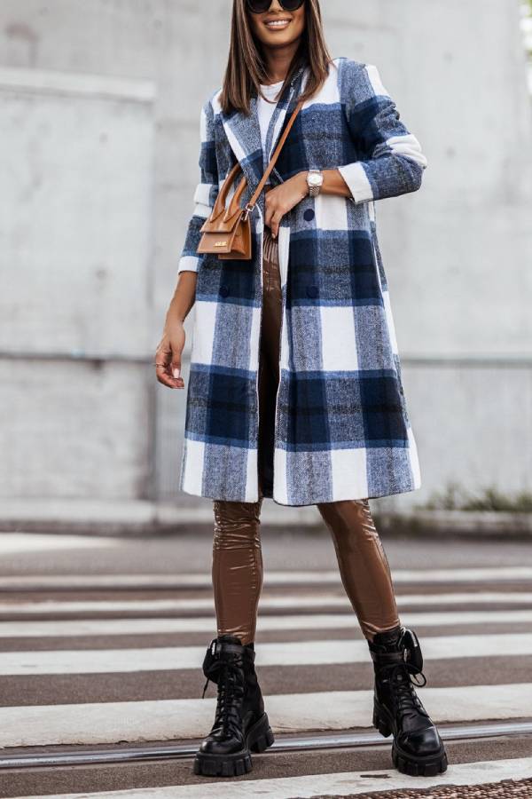 Ivyshape | Mid Length Double Breasted Plaid Print Woolen Coat