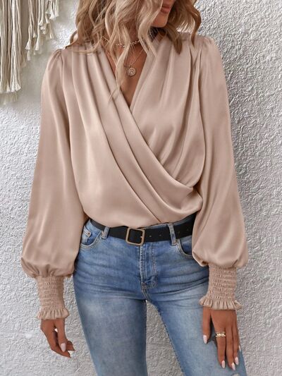 Ivyshape | V-Neck Elegant Plain Blouse with Balloon Sleeves