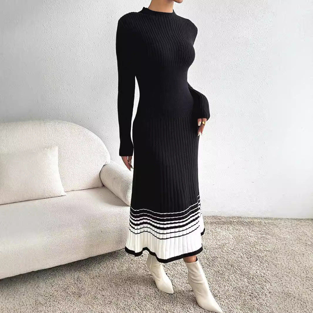 Ivyshape | Woolen Skirt Dress with Black and White Stripes