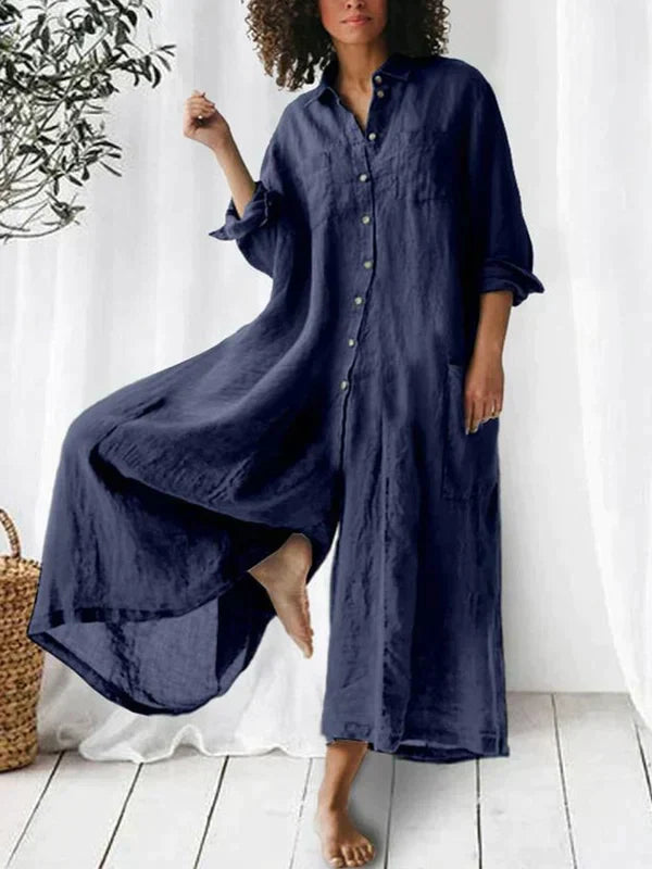 Color Long-Sleeved Loose Wide-Leg Jumpsuit