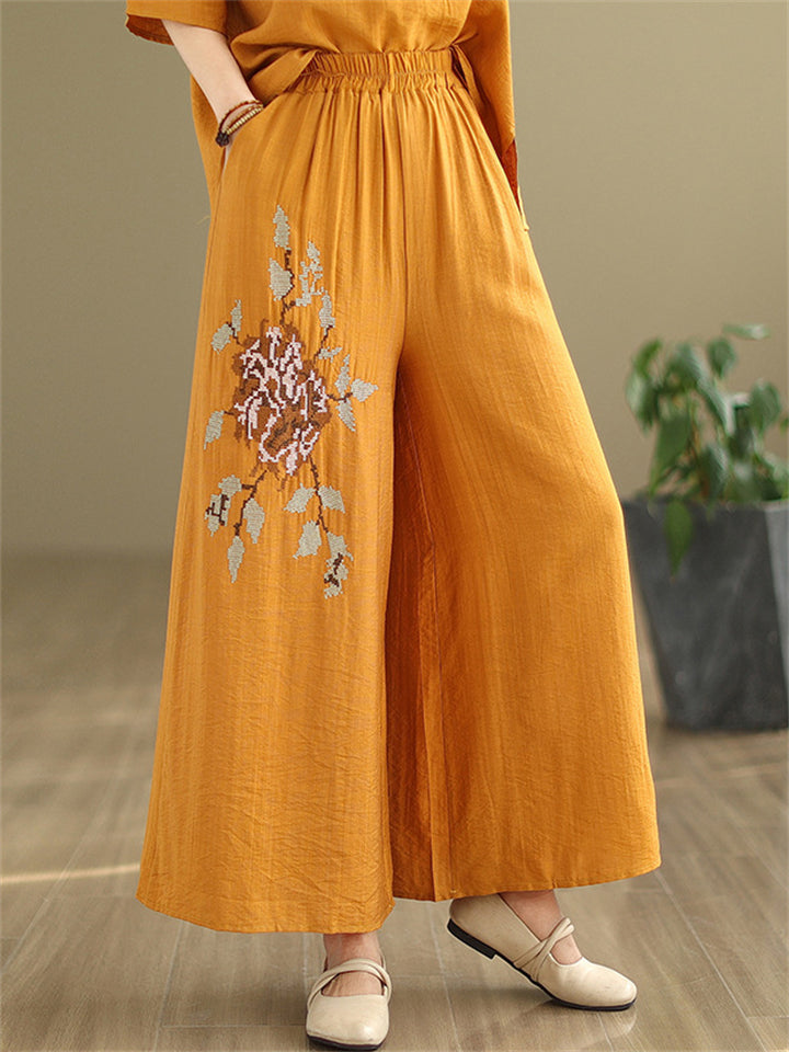 Female Ramie Embroidered Top + Wide Leg Pants Casual Two Piece Set