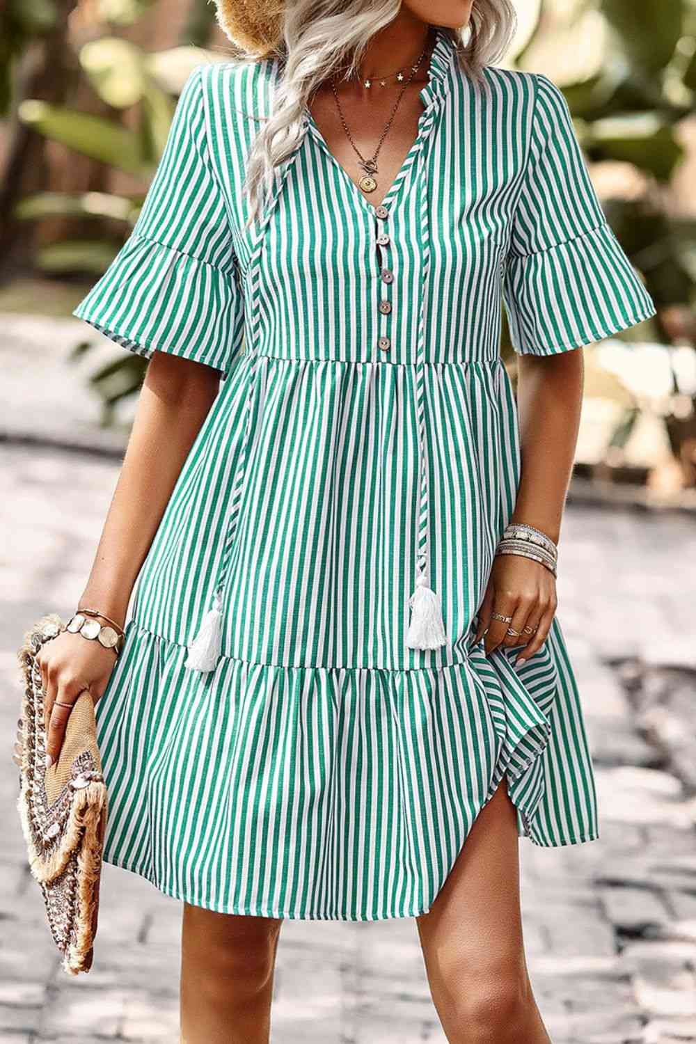 Striped Tie Neck Flare Sleeve Dress