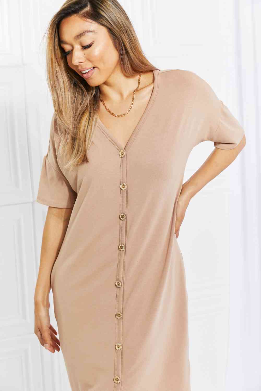 BOMBOM Sunday Brunch Button Down Knee-Length Dress in Natural